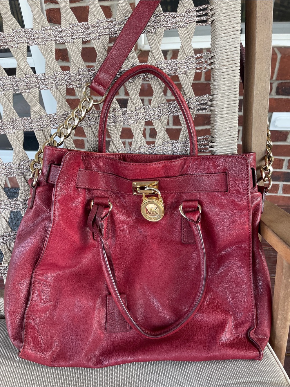 Michael Kors Deep Red Leather Satchel with Gold Hardware